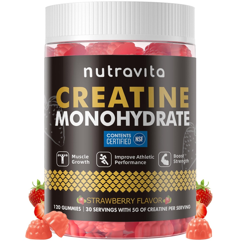Nutravita NSF Certified Creatine Gummy - Creatine Monohydrate Gummies for Men & Women-5g of Creatine Monohydrate per Serving - Sugar Free,Vegan, Strawberry Flavor, 120 Count