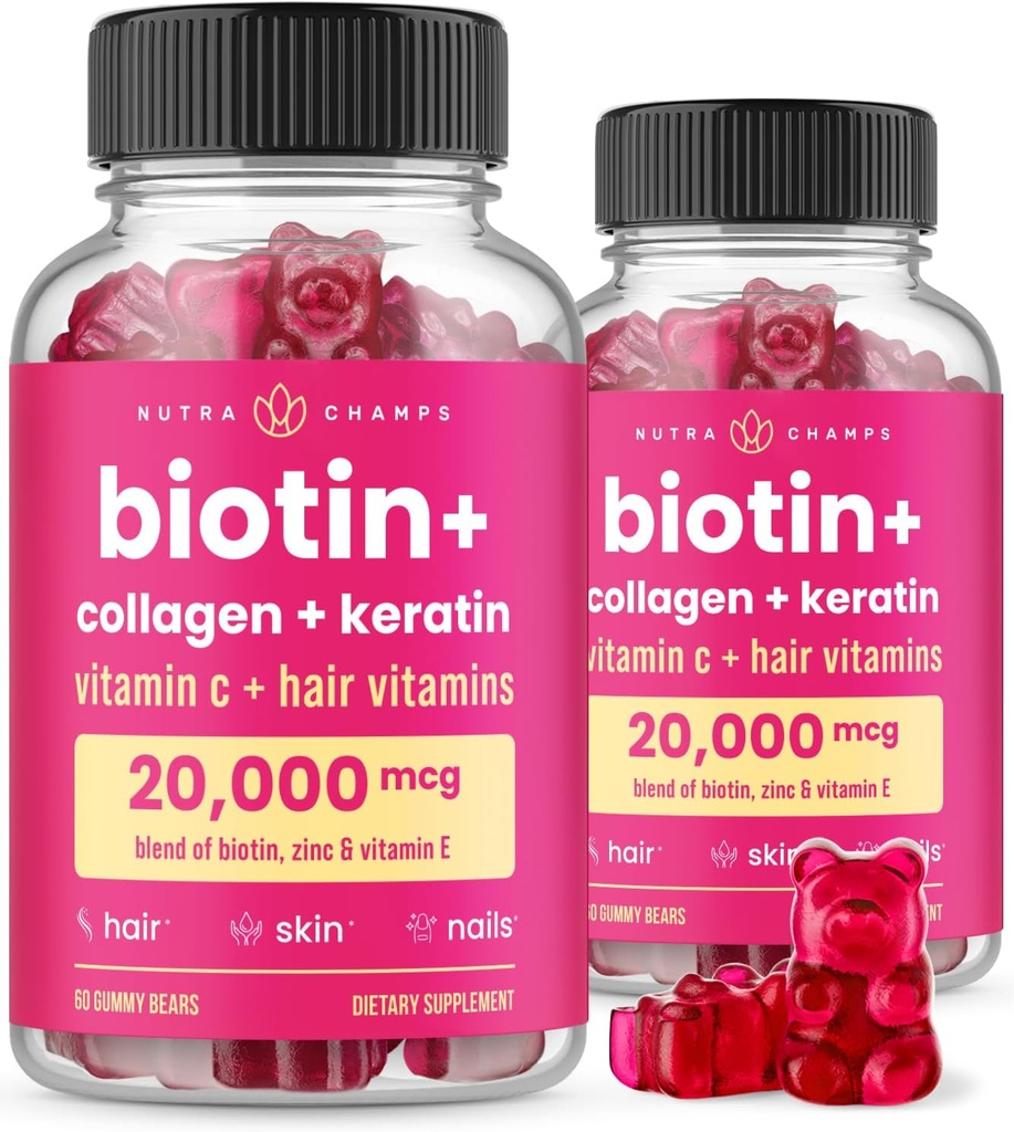 NutraChamps Hair Skin & Nails Gummies, Biotin with Collagen & Keratin, 5000mcg Biotin Beauty Complex, Vitamin Supplemen, Berry, 120 Count, Healthy Hair, Radiant Skin & Strong (Pack of 2)