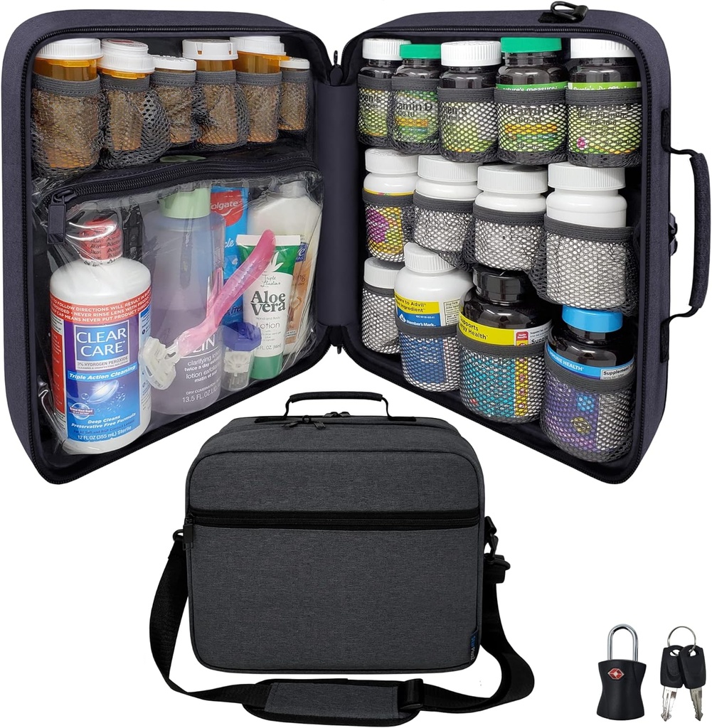 Extra-Large Pill Bottle Organizer, Medicine Bag, Carrier for Medicts, Vitamin, and Medical Supplies - Modular Travel Medicine Organizer and Home Storage Med Bag - Dark Gray (dengan Lock)