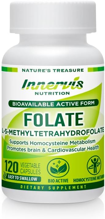 Bioactive Folate (L-5-MTHF 1000mcg, Folate 1700mcg)  подръжка на мозъка и настроението, лесна за преглъщане, 120 Veg капсули