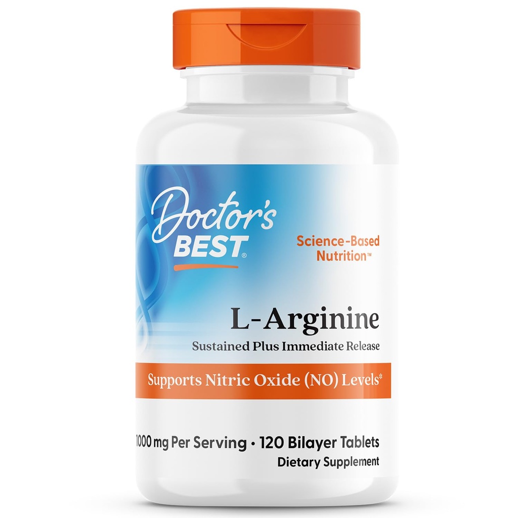 Doctor's Best L Arginine Supplement for Men & Women - L-Arginine 1000 mg Per Serving, Supports Nitric Oxide (NO) Levels, Sustained Plus Immediate Release - 120 Bilayer Tablets