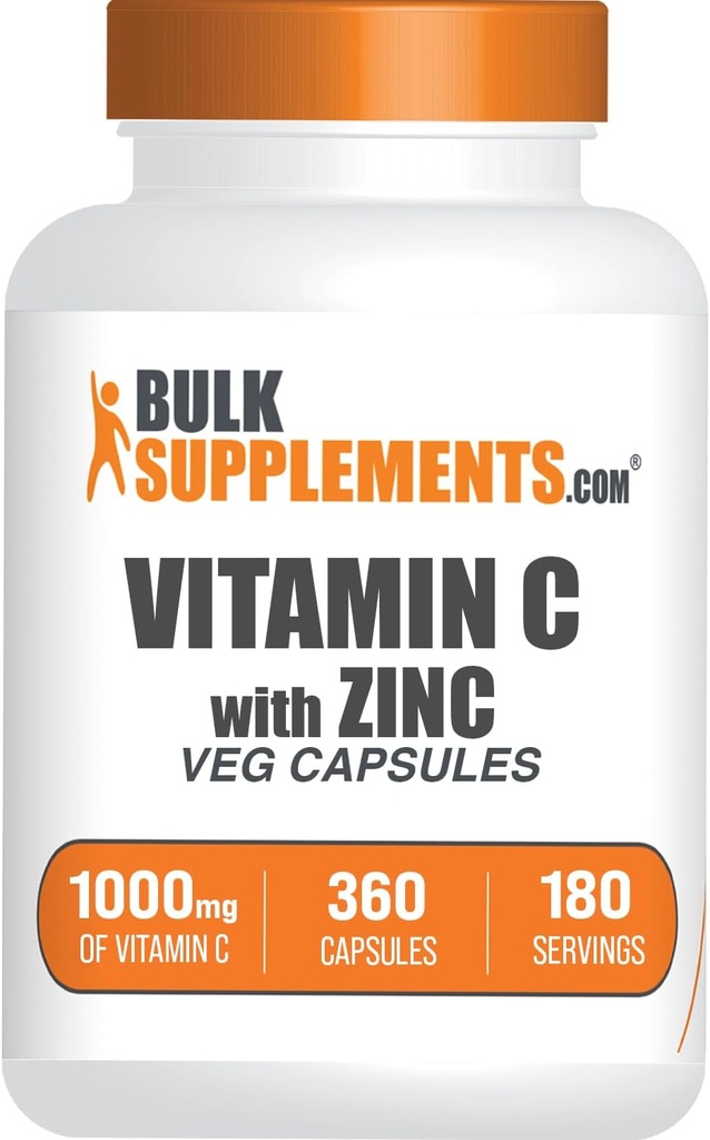 Bulkaddiments.com C-vitamin med zinkkapsler - C-vitamin 1000mg & Zink 15mg, til immunforsvar - Vegan, 2 kapsler per servering, 360 Veg Count (pakke med 1)