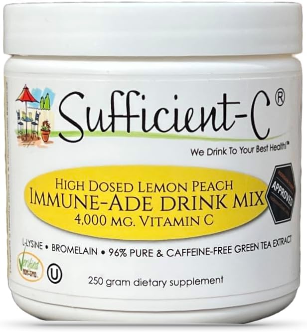 Sufficient- C High- Dosed 4000 mg. Vitamin C Lemon C Peach Immune- Ade Drink 250 gram Ukuran - Menyegarkan dengan Umum Dosed L-lysine, Bromelain & 96% Pure, Kafein - Free Green Tea Extract