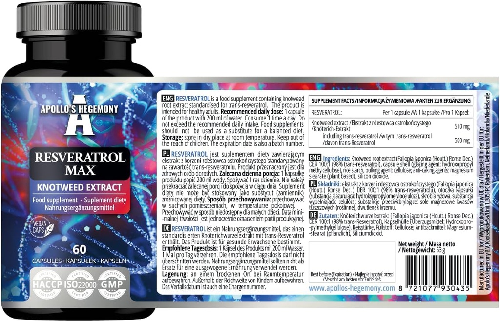 APOLLO'S HEGEMONY Resveratrol Max - 500 mg per capsulă - 60 capsule Vegane - extract de înaltă puritate 98% - Sprijină sănătatea circulatorie - Antioxidant natural - Supliment alimentar