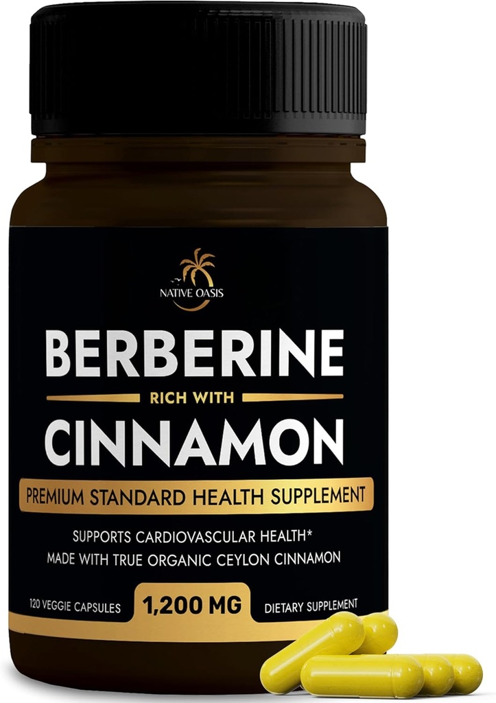 Suplemento de bérberina con Ceilán Cinnamon | Berberine HCL 1,200mg Plus Ceilán Cinnamon de Sri Lanka para a saúde cardíaca, perda de peso e apoio inmune | Non-GMO, laboratorio testado, Zero Fillers | 120ct.