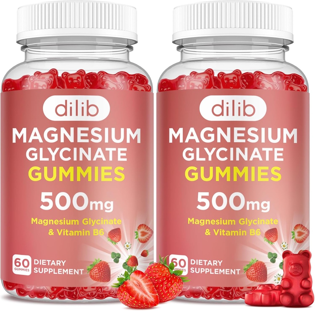 Magneesium Glütsinaat Gummies 500mg täiskasvanutele ja lastele Magneesiumilisandiga vitamiin B6-Natural Calm Gummies-Calm Mood, Lihased & Sleep Support-Maasikas Maitse, 120 Gummies