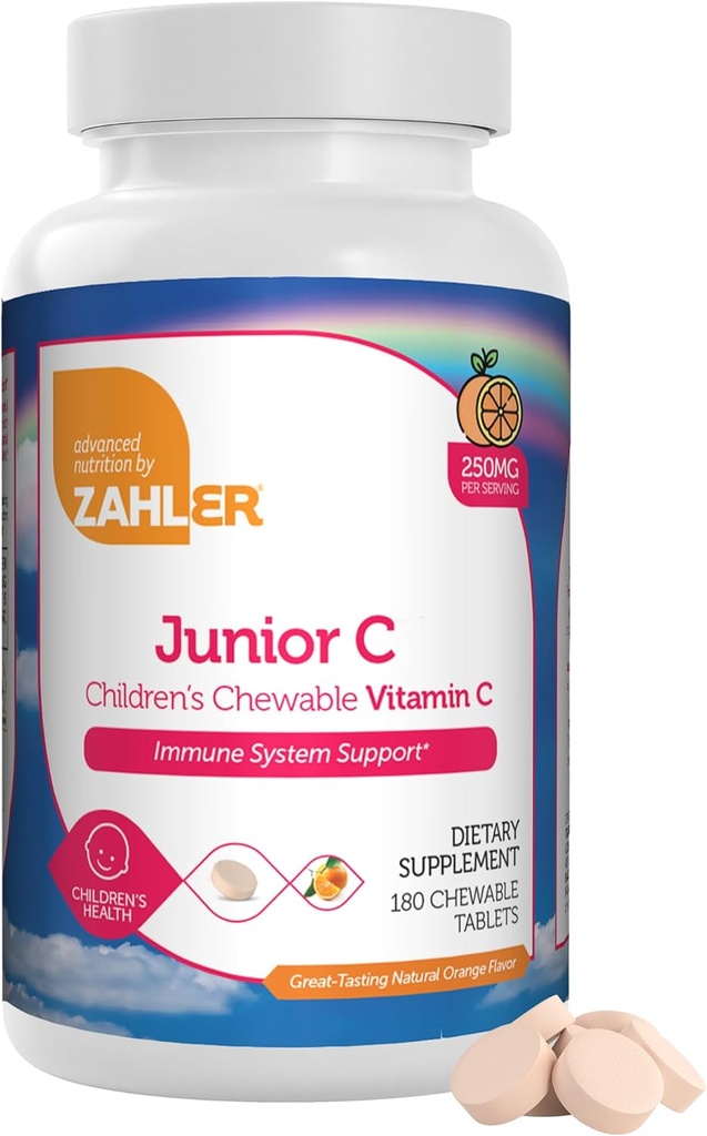 Zahler Junior C Geavanceerde Kauwbare Vitamine C voor kinderen - Immuun Ondersteuning Kids Vitaminen in Delicious Orange Flavor - Kosher Kinderen Vitamine C voor Immuniteit - Vitamine C Kauwbare Antioxidant - (180 Tel.)
