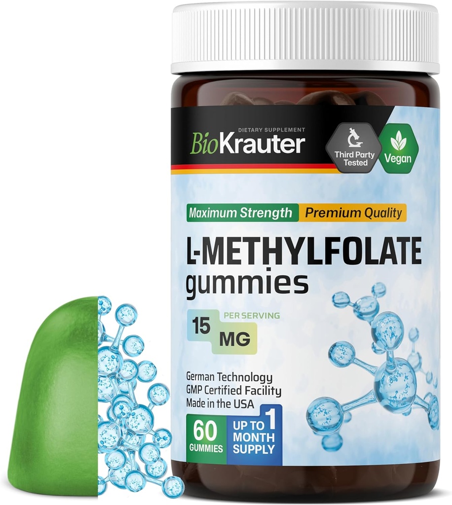BIO KRAUTER L Methylfolate Gummies - 25 mg DFE - 60 Vegan Chews - MTHF Supplement - Folat Supplement - Folic Acid Gummies (Vitamin B9) - Gelatinfri Formel