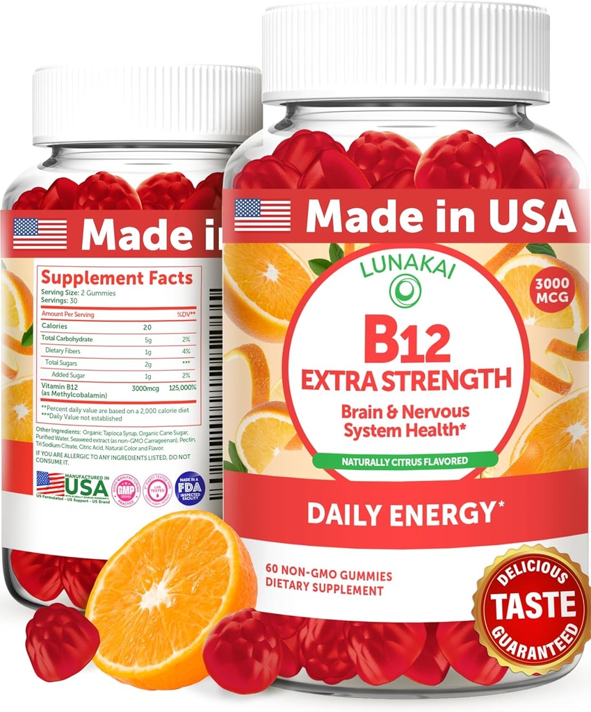 Lunakai Extra Strength 3000mcg Vitamin B12 Gummies - USA Made, Delicious Daily Energy & Metabolismus Support - Vegan B12 Metylkobalamin dodatek 60ct