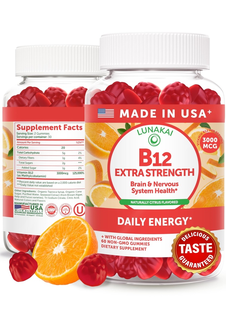 Lunakai USA Made Vitamin B12 Gummies 3000mcg, B12 Vitamins for Energy, Brain & Metabolism Support, Methylcobalamin for Adults, Women & Men, Non-GMO Vegan, 60 Daily Gummy Vitamins