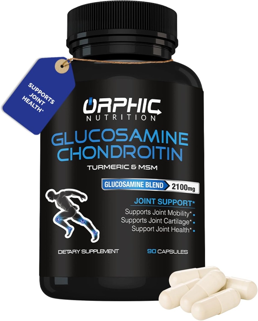 ORPHIC NUTRITION Glucosamine Chondroiting MSM 2100MG (90 Caps) - Joint Support Supplement for Men &amp; Women* - Supports Joint Cartilage & Mobility