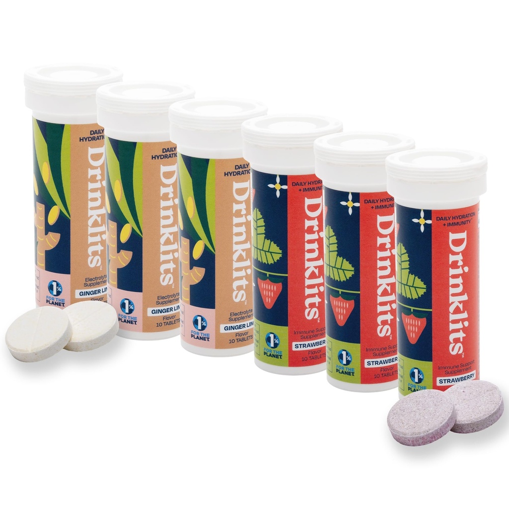 Drinklits Ginger-Lime Electrolyte Hydration & Strawberry Immunity Tablets (6) Tube Combo Pack | Great Taste – Gluten Free – Daily Use | 60 Servings (10 Tablets Per Tube)