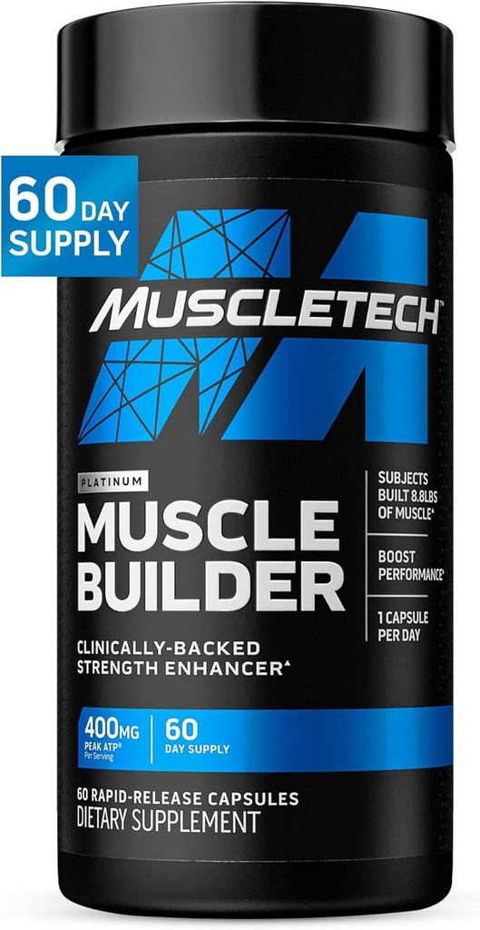 Muscletech oxido nitrikoen osagarriak gizon eta emakumeentzako, Muscle Builder (60 kapsulak) - Nitric Oxide Booster gehigarriak muskulu-irabazia eta errendimendua onartzen ditu - 400mg Peak ATP indar hobetuarentzat