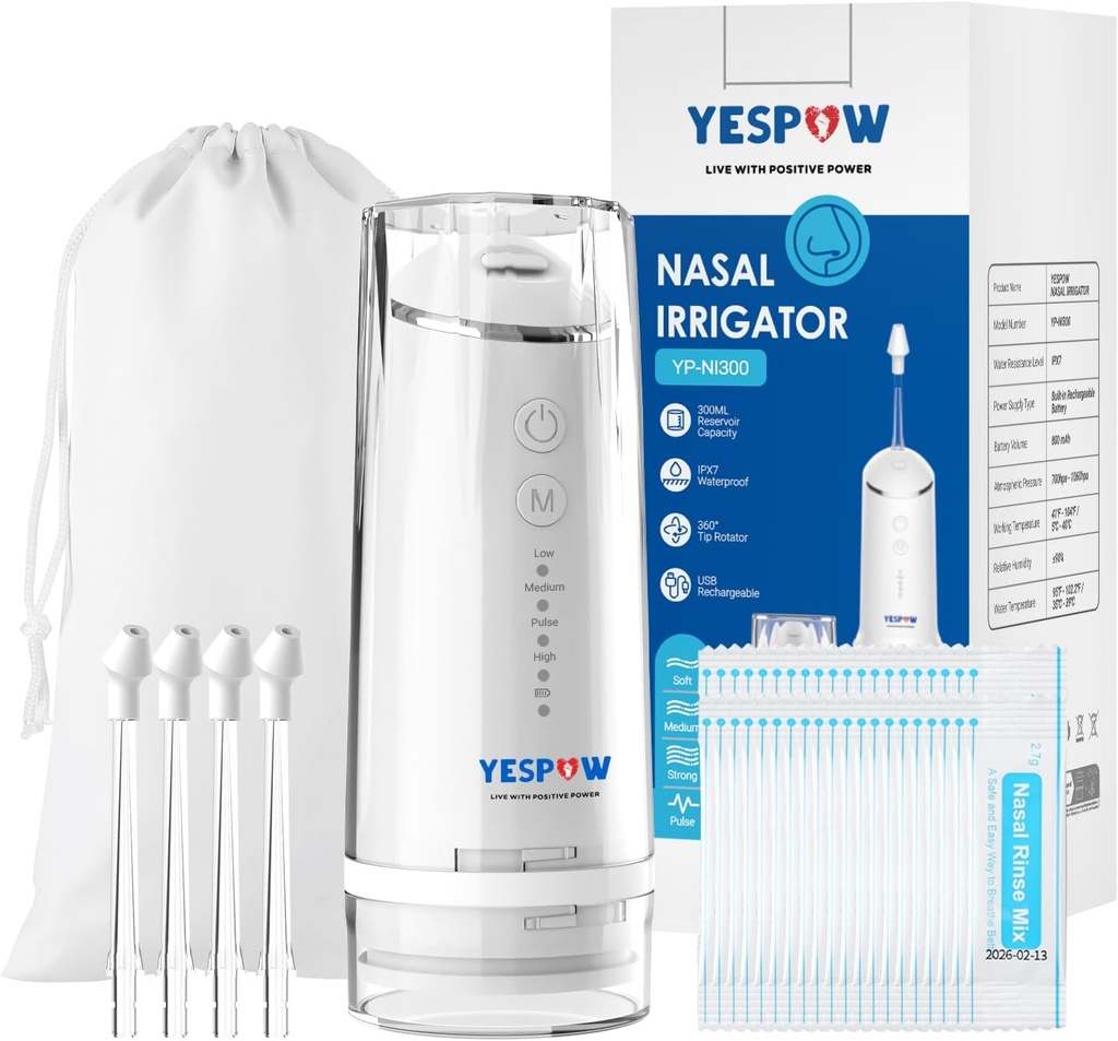 Nasal Irrigation System - 𝐘𝐄𝐒𝐏𝐎𝐖 Electric Neti Pot Nose Cleaner - Sinus Rinse Machine with 𝟒 𝐌𝐨𝐝𝐞𝐬 for Nose Wash - Nasal Irrigator with 𝟒𝟎 Packets Saline for Sinus Flush and Relief