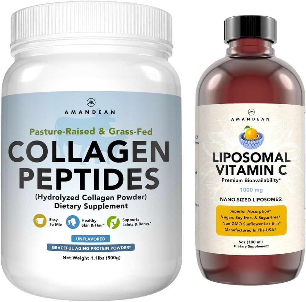 AMANDEAN Premium Liposomal Vitamin C & Egal Collagen Peptides Bundle. Мощен антиоксидант. Течен Куали-С. Хидролизиран тип 1 и 3. Имунна поддръжка. Здрава кожа, коса и нокти