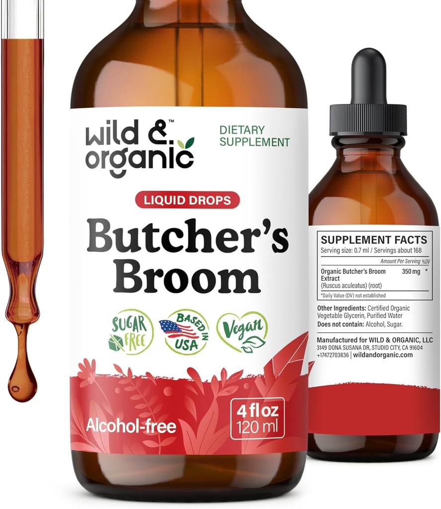 Wild & Organic Butchers Broom Tincture - 다리 지원 보충 - Ruscus Aculeatus Root Drops - 초본 부처 Broom Supplement - Vegan, 아니 알코올 및 설탕 - 4 fl oz
