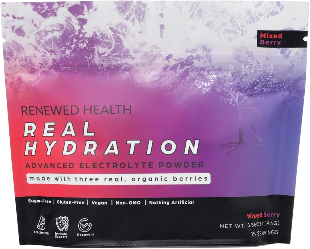 Real Hydration - Organic Fruit- Based Electrolyte Mix - Made with Organic Fruits & Pink Salt - Zero Sugar & Vegan - Hydration, Immunication & Recovery Support (15 Servings, Mixed Berry)