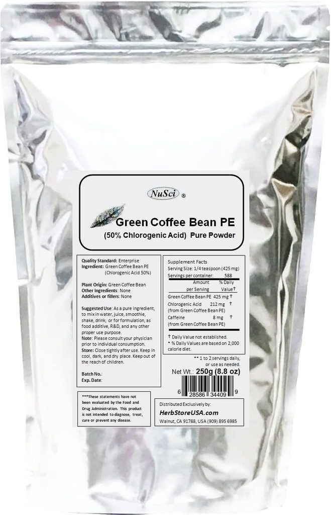 Grønn kaffebønne ekstrakt pulver, standardisert 50% klorogensyre (250 gram (8,8 oz))