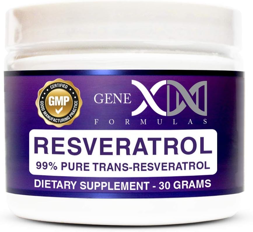 GENEX Trans Resveratrol 1000 mg Powder Serving 99% Pure Micronized Pharmaceutical Grade 30 Servings 30Grams 1 Gram per päivä 30-päivä Supply Valmistettu GMP & NSF Certified Facility