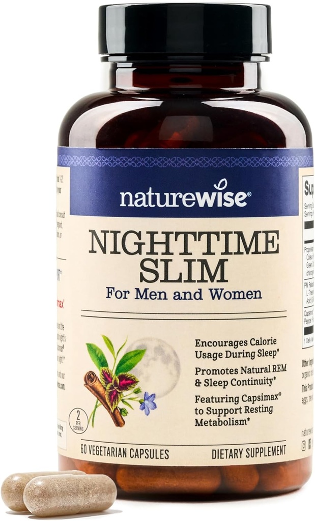 Naturewise Nighttime Fitness תמיכה תוספי & Natural Sleep Aid with Cayenne Extract, קפה ירוק באן, GABA, L-theanine - Vegetarian, non-GMO - 60 קפסולות.
