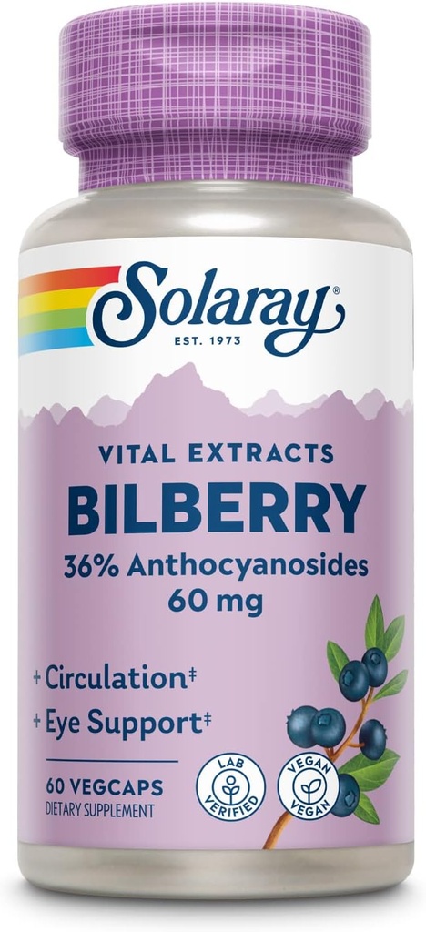 SOLARAY Bilberry Berry 60 mg | Güçlü Antioksi | Sağlıklı Vizyon & Circulation Support | 60 VegCaps