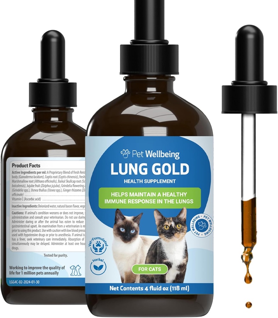 Cats üçün Pet Wellness Lung Gold - Lung Immune Support, Aşağı Respirator Sağlamlıq, Open Airways, Normal Nefes, Reishi, Coptis - Veterinarian-Formulated Herbal Supplement - 4 oz (118 ml)