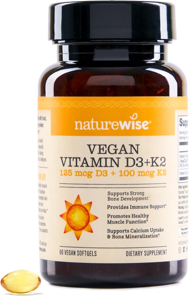 NatureWise Vegan Vitamin D3 + K2 - Bio D3 5000IU + Natürliches Vitamin K2 100mcg - Knochenunterstützung - Hohe Absorption mit Bio kaltgepresstem Olivenöl - Non-GMO
