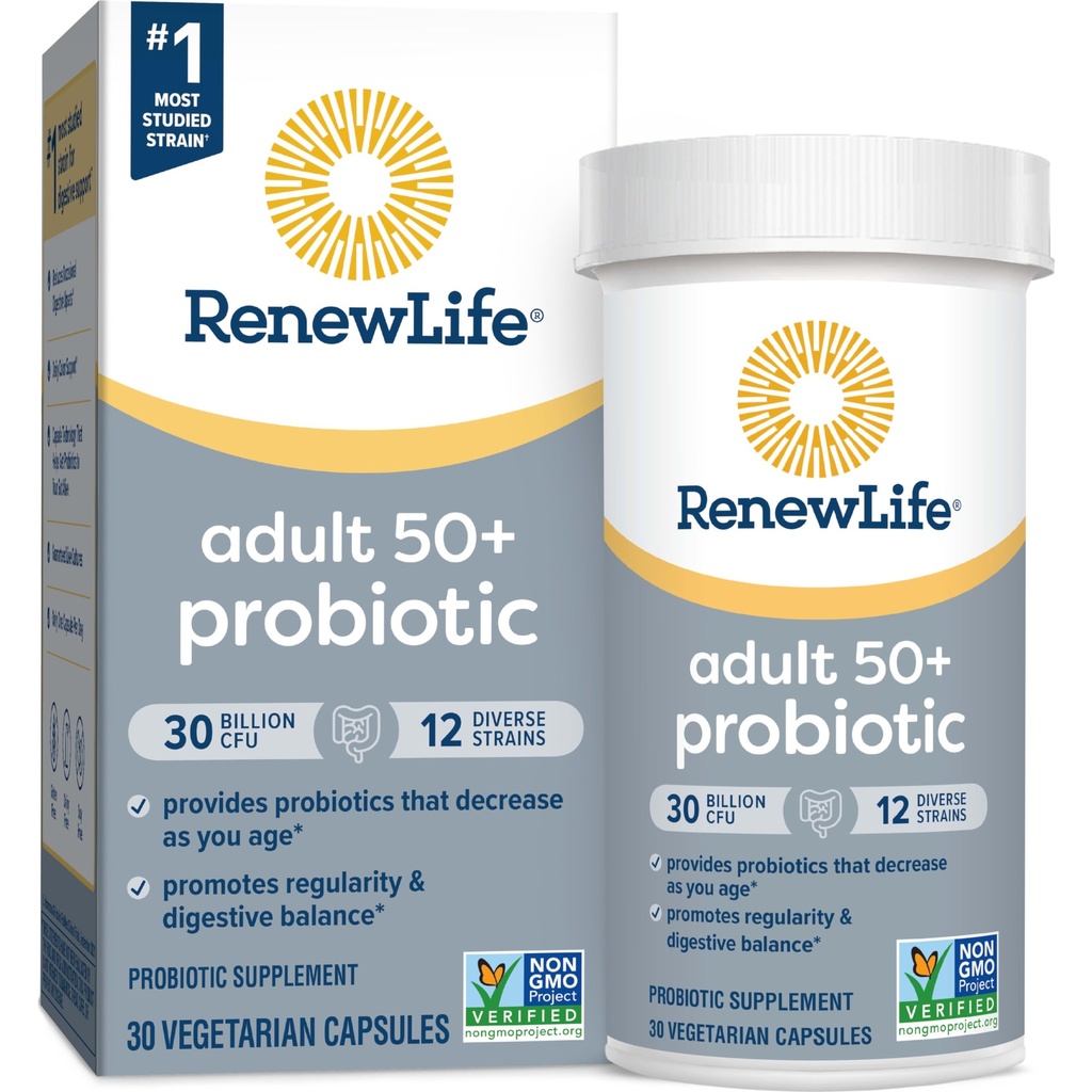 Renew Life Probiotic Adult 50 Plus Probiotic Capsules, Daily Supplement Supports Urinary, Digestive and Immune Health, 30 Billion CFU, 30 Count, Packaging May Vary