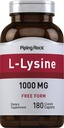 Piping Rock L-Lysine 1000 мг | 180 каплетов | Свободная форма | Вегетарианский, не ГМО, Глютен
