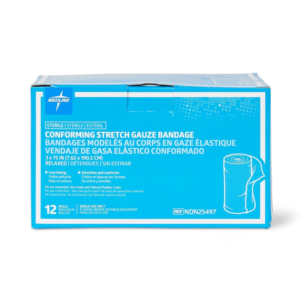 Medline Sterile Conforming Gauze Bandages, 3" x 75", Ideale per la cura dei tessuti, Confezione da 96
