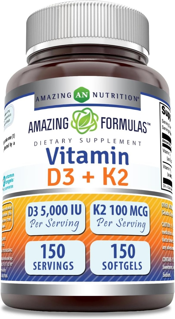 Amazing Formulas Vitamin D3 5000 IU with Vitamin K2 100 Mcg | D3 + K2 Complex supplement ) Softgels ) Non-GMO ) Gluten-Free ) made in USA (1 Pack, 150 count)