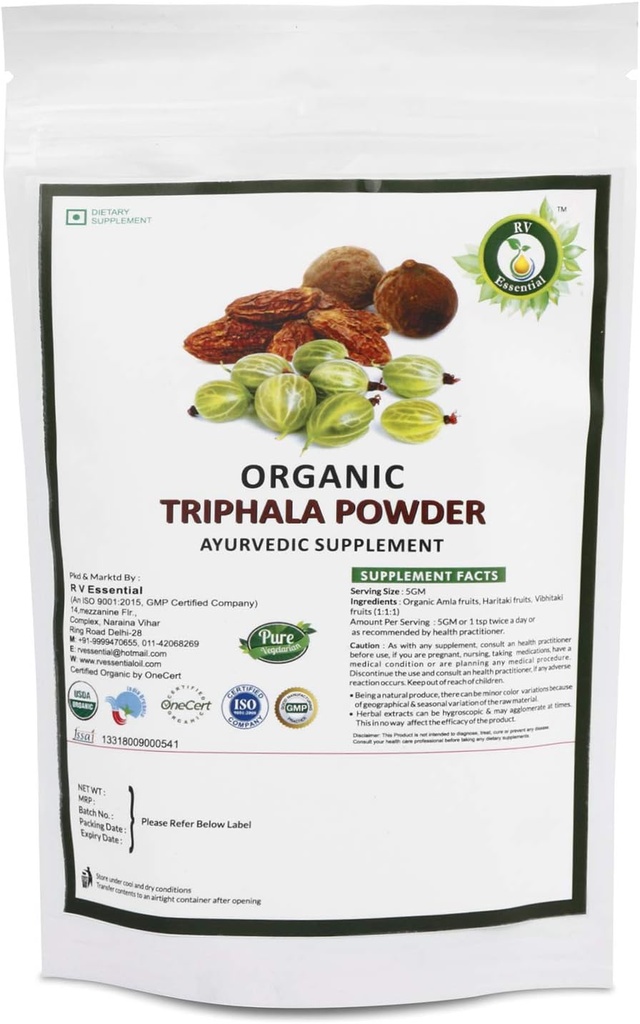 R V Essential Organic Triphala Powder 100gm/ 3.53oz/ 0.22lb- Made from Haritaki, Vibhitaki and Amla 1:1:1 Triphala Churna Powder USDA Organic Ayurvedic Herbal Supplement in Zip Lock Pouch