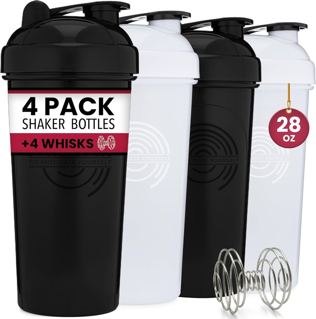 GOMOYO 4-Pack - 28 Ounce Protein Shaker Bottle for Mixes, 4xWire Whisk, Leak Proof Bulk Supplement Mixes eta Pre-Workout Shaker Cupsher Safe & BPA Free, Black & White