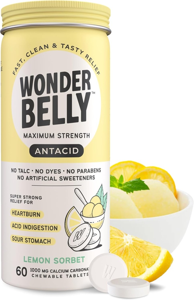Wonderbelly Antax, Effective Heartburn and Instant Acid Intervention Intervention Internation Interest Chowable Tablets, 1000 mg Calcium Carbonate, No Talc or Dye, Lemon Sorbet, 60 Count