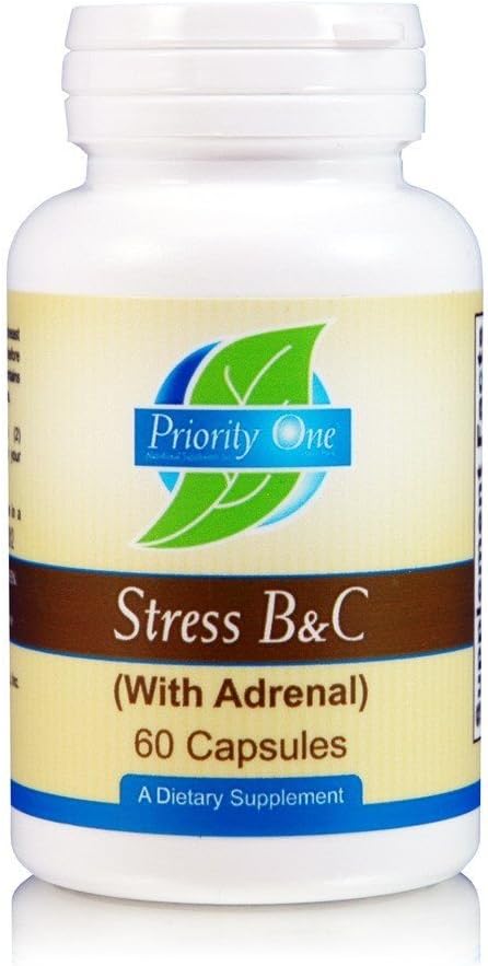 Priority One Vitamins Stress B & C 60 Capsules - B Complex with Whole Gland Adrenal to Support Healthy Nerves, Skin, Eyes, gastrointestinal, and Brain Functions.*