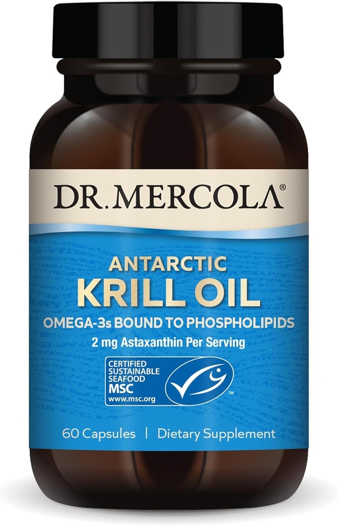 Dr. Mercola Antarctic Krill Oil - 1,000 mg - Omega-3 supplement with EPA " DHA - Supports Brain, Heart, Joint " Immune Health - GMO-Free, Gluten-Free " Soy-Free - 60 Capsules (30 Servings)