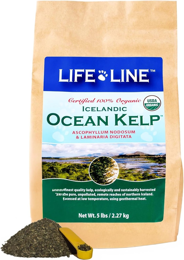 A liña de vida certificada Ocean Kelp Suplemento para cans, gatos e cabalos | Boosts Health, reduce o derramamento, Fights Plaque & Tartar, Supports Digestion, USDA Certified - 5 lb