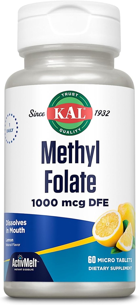KAL Metil Folate 1000 mcg, 5-MTHF Aktyvi forma, Folio rūgšties papildas, širdies sveikata, Prenatal, Mood and Srain Support, Vegetarian, Natural Lemon Activelt, 60- Day Guarantee, 60 Serv, 60 Micro Tablets
