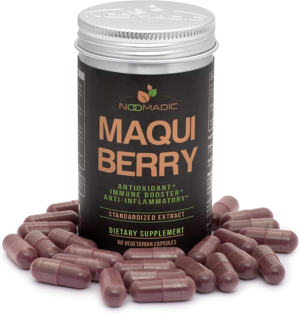 Berry Maqui nómada, 60 cápsulas viv 500mg Cada, Antioxidante (OrAC Alto), Apoyo al Sistema Inmunitario, soporta los ojos secos (Apoyos Producción de Lágrimas), Extracto estandarizado (10% Antocianinas)