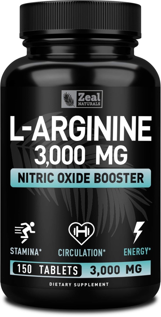 Zeal Naturals L-Arginine Supplement - 3000mg, 150 Tablets | Nitric Oxide Booster | L Arginine Supplement for Men & Women | Support Energy, Circulation, Muscle Growth