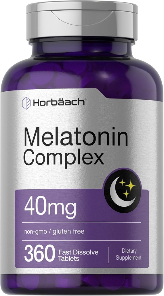 Horbäach Melatonin 40mg Complex | 360 Snabbupplösta tabletter | Vuxen extra styrka tillskott | med Chamomile och Ashwagandha | Vegetarian, icke-GMO, Gluten Free