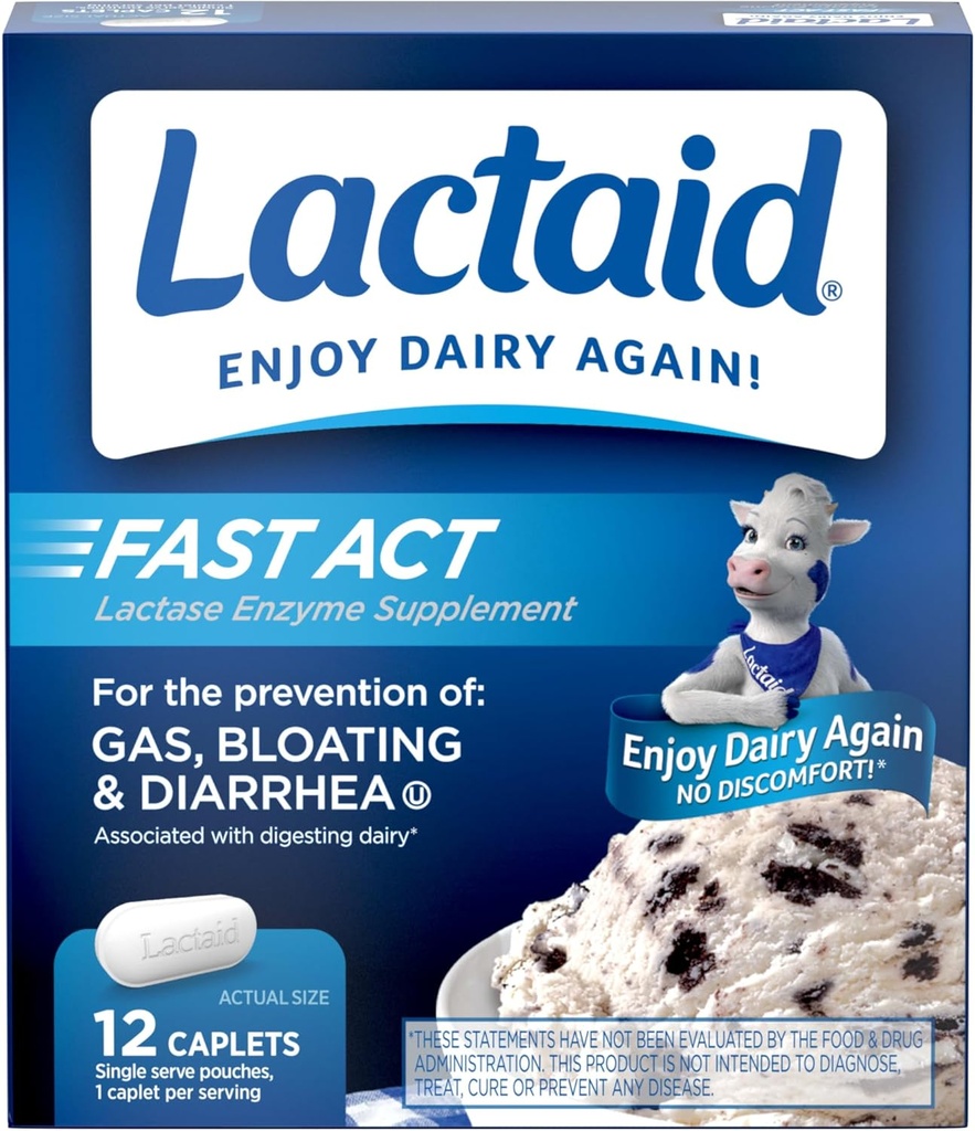 Lactaid Fast Act Lactose Intolerance Relief Caplets with Lactase Enzyme to prevent Gas, Bloating & Diarrhea Due Lactose Sensitivity, Ideal for Travel & On-The-Go, 12 Pack of 1-Count