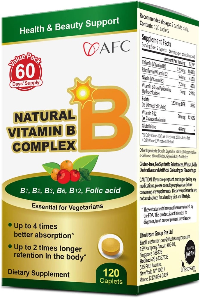AFC Japan Natural Vitamin B Complex with B1, B2, B3, B6, B12, Folic Acid & Glutathion Gist Extract, No Synthetics, Non-GMO, Supplement for Stress, Energy, Immune & Nervous System,120 Vegan Caplets