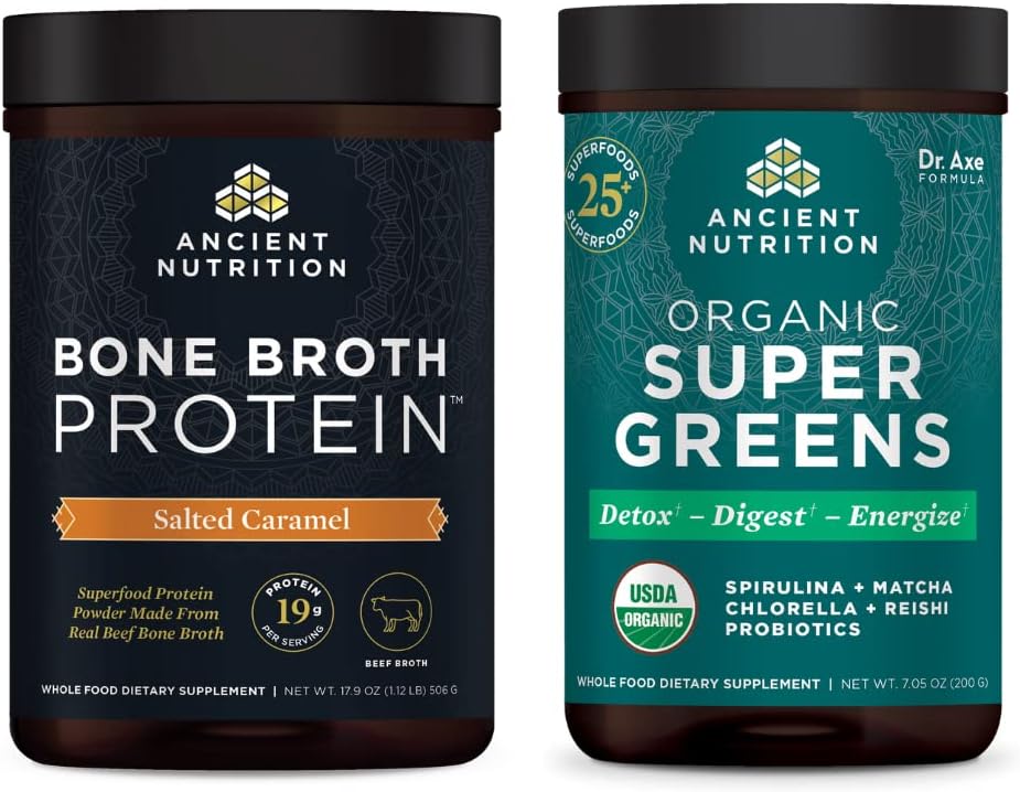 Antigua Nutrición Bono Broth Protein Powder, Salted Caramel, 20 Servings + Organic Supergreens Powder, Greens Flavor, 25 Servings