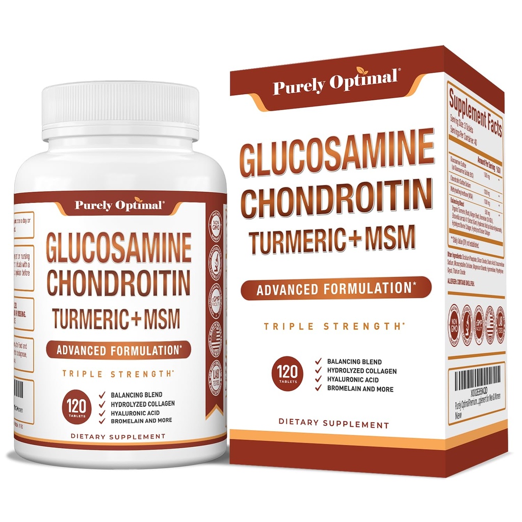 Purely Optimal Glucosamine Chondroitin MSM Supplement w/Turmeric & Boswellia - Glucosamine Sulfate Joint Supplement for Men & Women - 120 Tablets