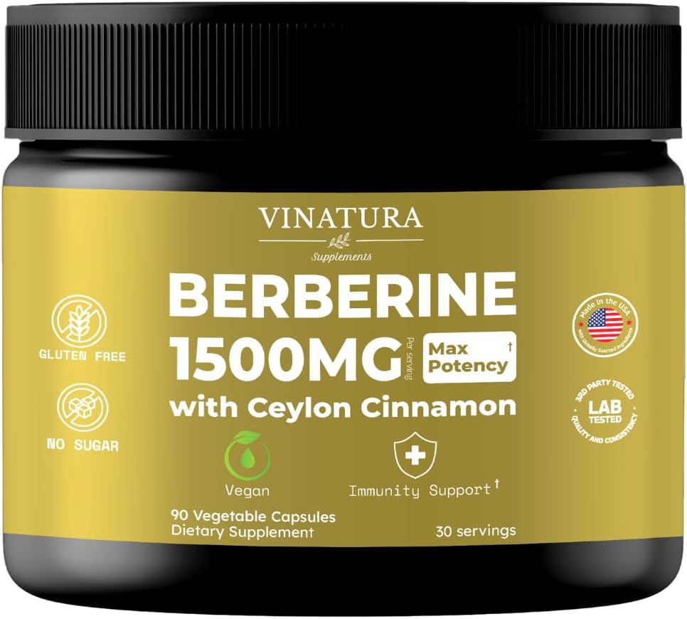 VINATURA Berberine 1500мг - Доповнення Berberine з Ceylon Cinnamon, Макс Потенції Berberine HCL - 90 капсули