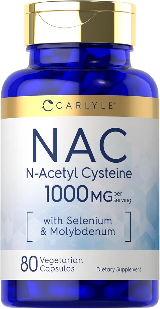Carlyle NAC gehigarria N-Acetyl Cysteine 1000mg | 80 kapsulak | Selenium eta Molybdenum-ekin | Vegetarian, Ez-GMO eta Gluten Free