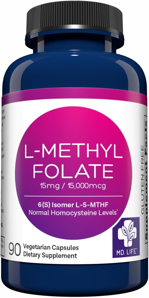 MD Life L-Methylfolate 15 mg Supplement - Professional-Grade Active L Methylfolate Supplement - 90 Kapslid - L-Methylfolate 15mg - Maksimaalne potentsi MTHFR W/ Essential Aminohapped