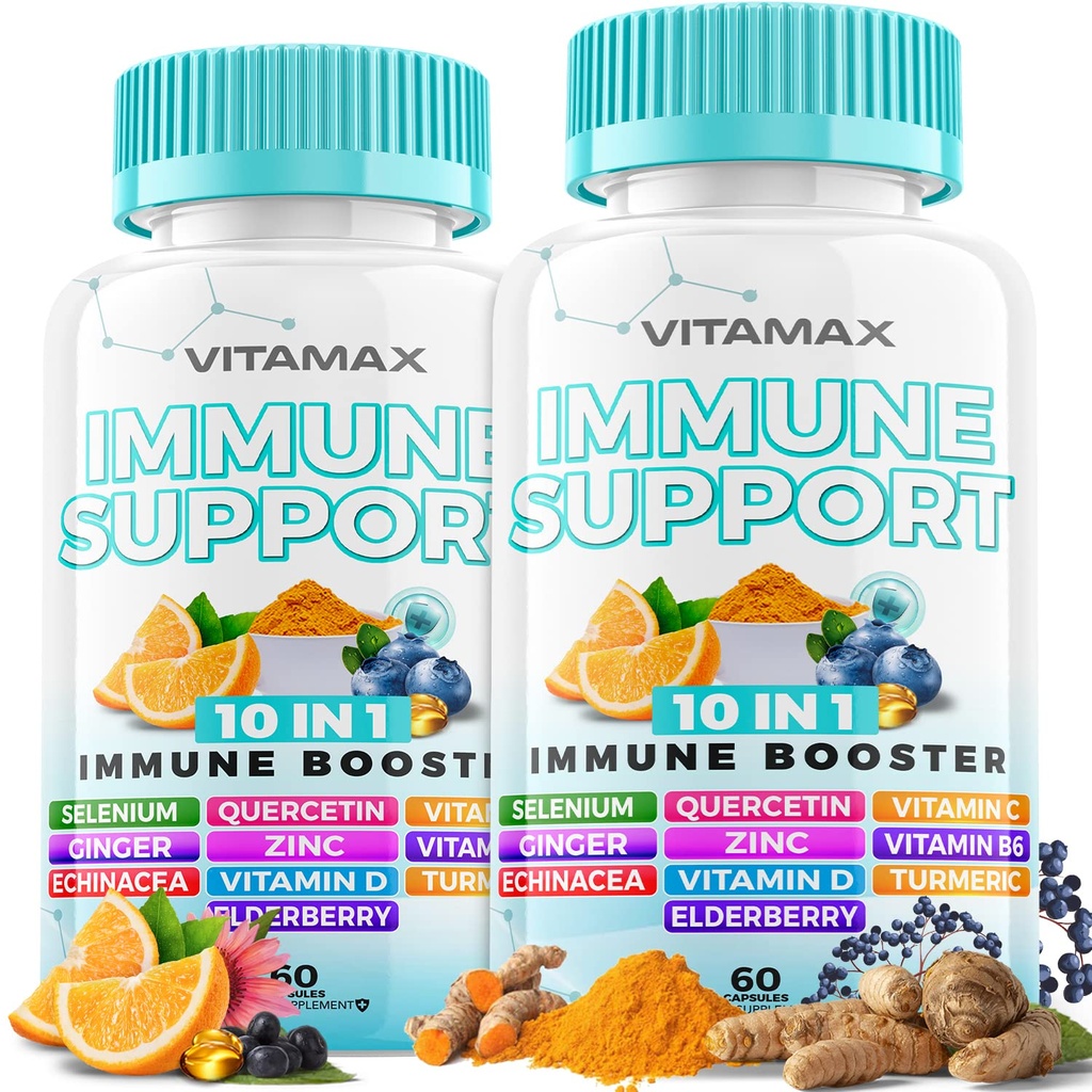 10in-1 Elderberry、D3、Selenium、Quercetin、亜鉛、ビタミンC、ジンジャー、Turmeric Curcumin、B6、Echinacea - Immune Defense - 米国製(60カウント)