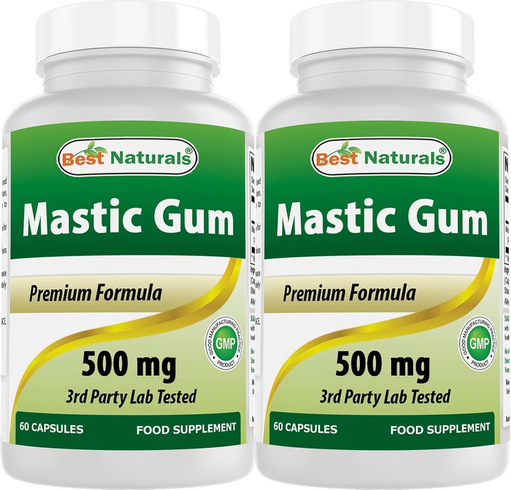Best Naturals 2 Pack Mastic Gum Cápsulas 500 mg - 60 Count - (Não-GMO) (Gluten Free) - Promove a saúde saudável do estômago e duodenal - (Total 120 Cápsulas)